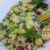 Prosena kaša z grahom in papriko, v pečici pečenimi redkvicami in praženimi bučnimi semeni