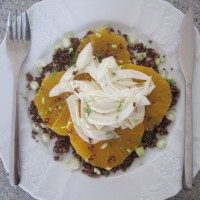 Solata iz rdeče kvinoje, sočne pomaranče in hrustljavega koromača