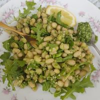 Topla fižolova solata z rukolo in pestom iz konopljinih semen